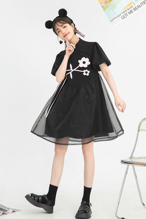 Black Stand Collar Lantern Short Sleeves Floral Print Organza Panel Sweet Lolita Dress - Product - 4
