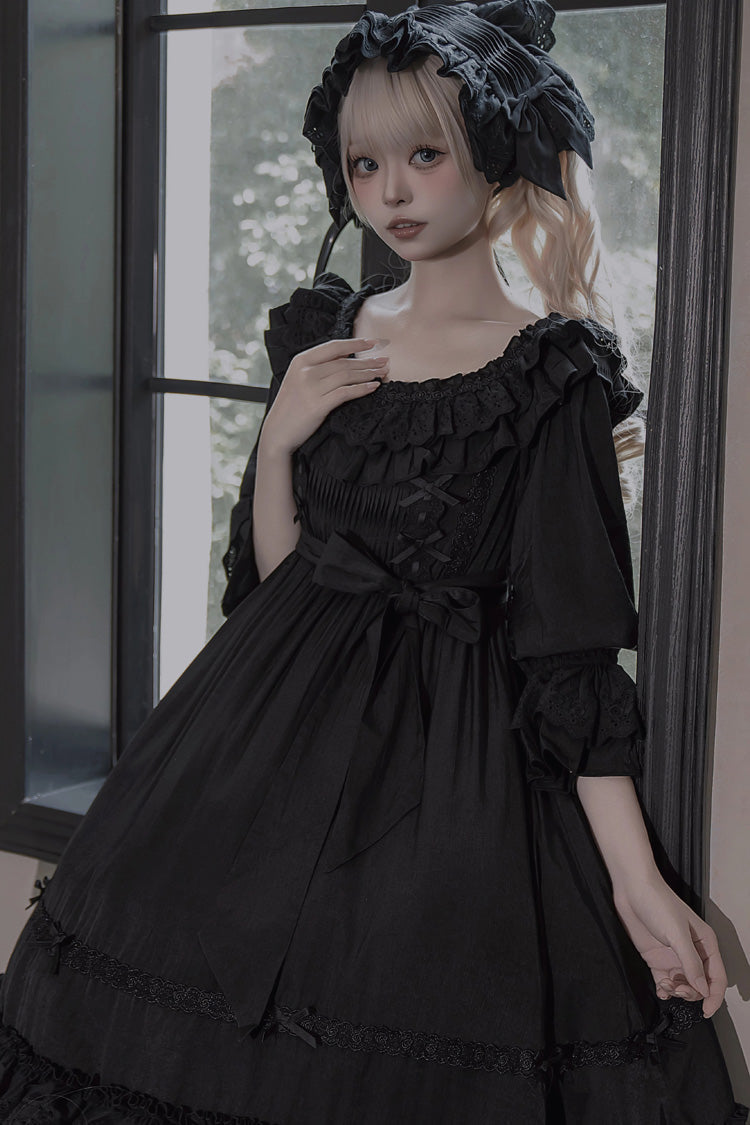 Black [Good Morning] Short Sleeves Ruffle Bowknot Lace-Up Gothic Lolita Dress - Product - 2