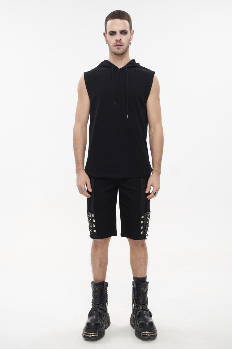 Black Knit Irregular Simple Versatile Sleeveless Hooded Men's Punk Tank Top - Product - 3