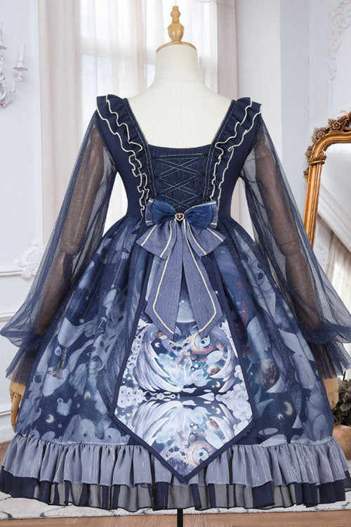 Dark Blue Unicorn Print Long Sleeves High Waisted Ruffled Classic Lolita OP Dress - Product - 6