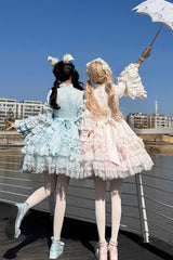 Pink [The Soloist Doll] Long Hime Sleeves Multi-Layered Print Ruffle Bowknot Asymmetric Sweet Lolita Dress - Product - 9