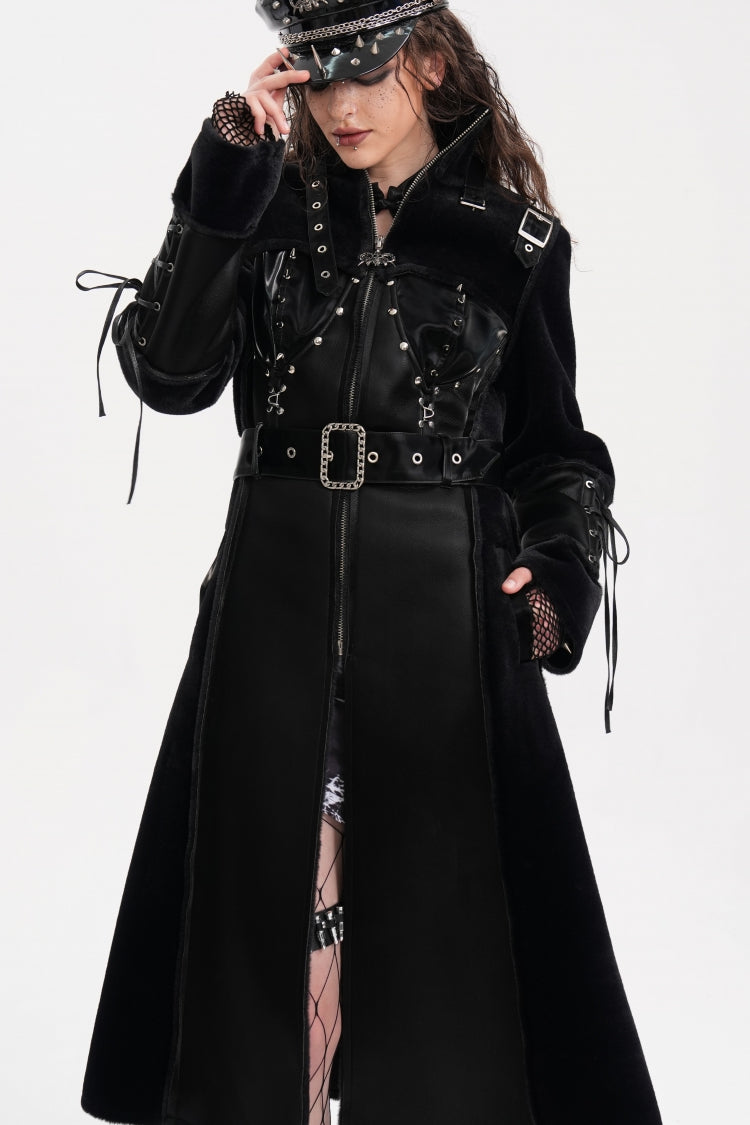 Black Women's Buckle-up Studs Eyelets Gothic Coat - Product - 12