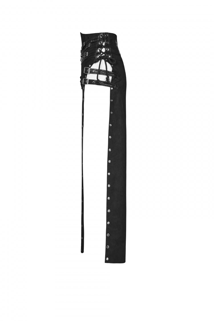 Black Metal Buckle PU Leather Buckle Lace-Up Sheer Women's Steampunk Long Skirt - Product - 6