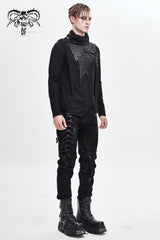 Black Worn Out Cross Shaped Hasp High Collar Asymmetric Hem Men's Punk T-Shirt - Product - 4