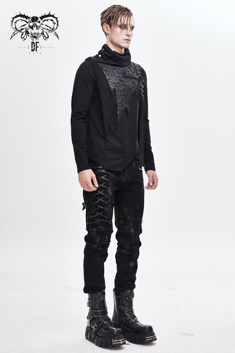 Black Worn Out Cross Shaped Hasp High Collar Asymmetric Hem Men's Punk T-Shirt - Product - 4