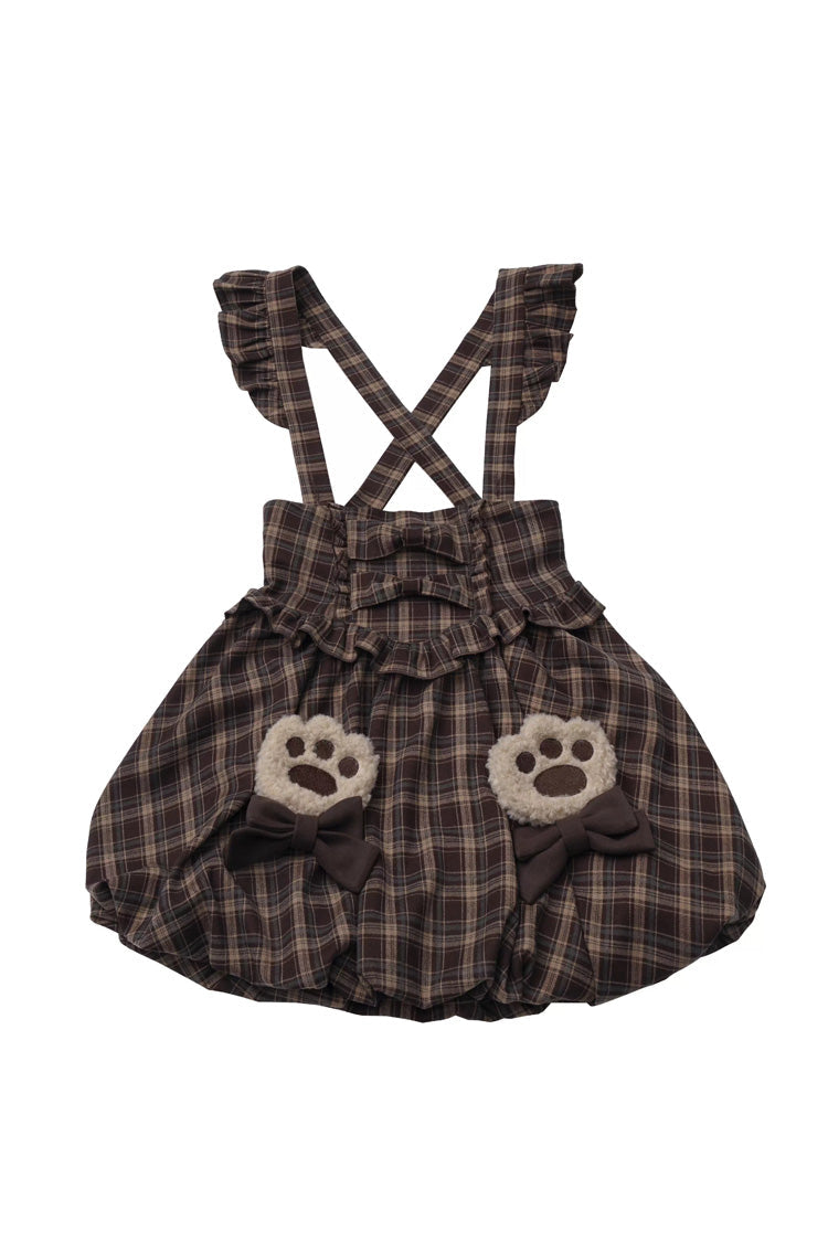 Brown [Fluffy Little Bear] Plaid Printed Ruffled Bow Sweet Lolita Strap Dress - Product - 11