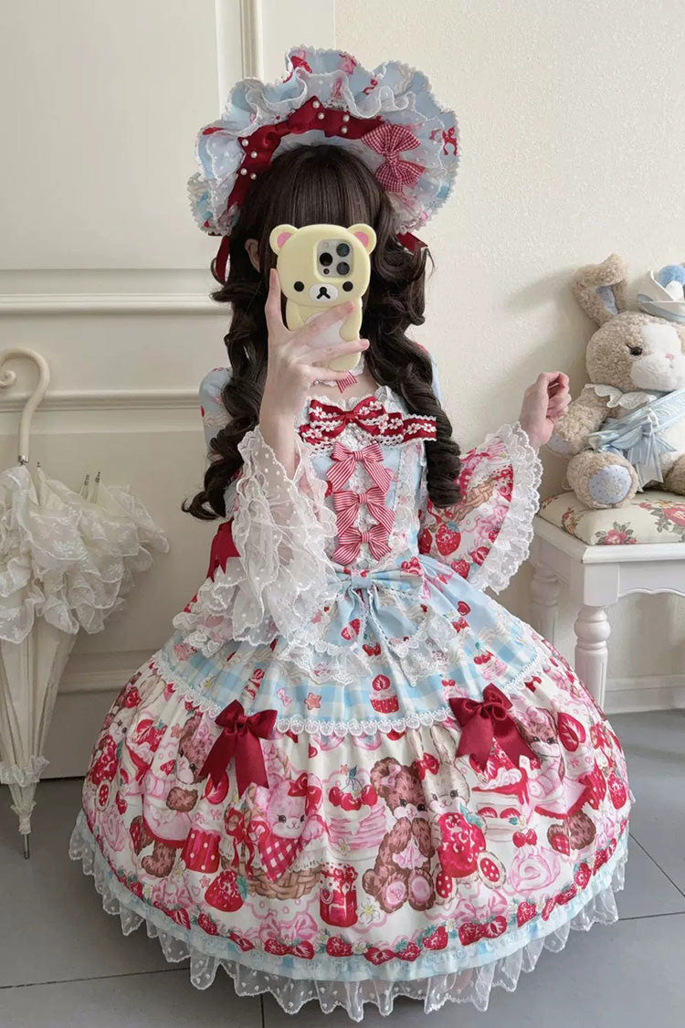Blue/Red [Sweet Berry Bunny Bear] Half Sleeves Printed Bow Lace Lace-Up Sweet Lolita OP Dress - Product - 3