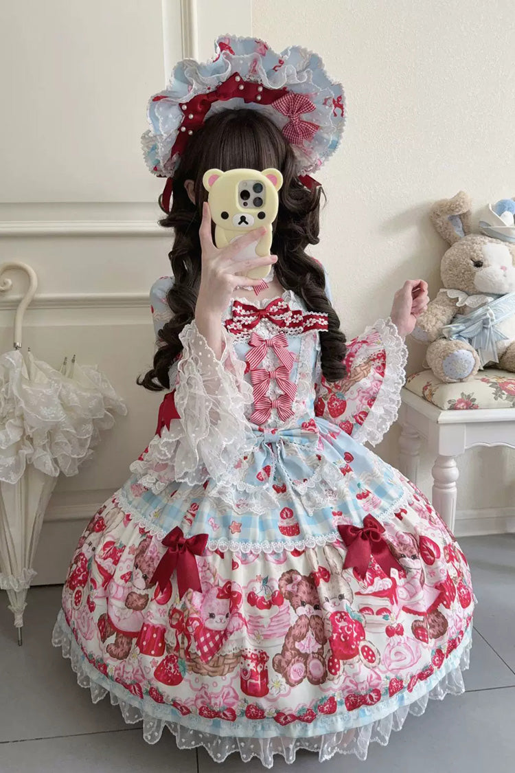 Blue/Red [Sweet Berry Bunny Bear] Half Sleeves Printed Bow Lace Lace-Up Sweet Lolita OP Dress - Product - 3