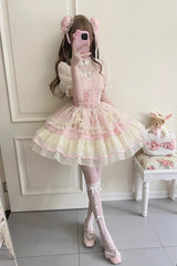 Flower Bud Halterneck Print Ruffle Lace Sweet Chinese Ballet Style Lolita Jsk Dress 3 Colors - Pink - 2