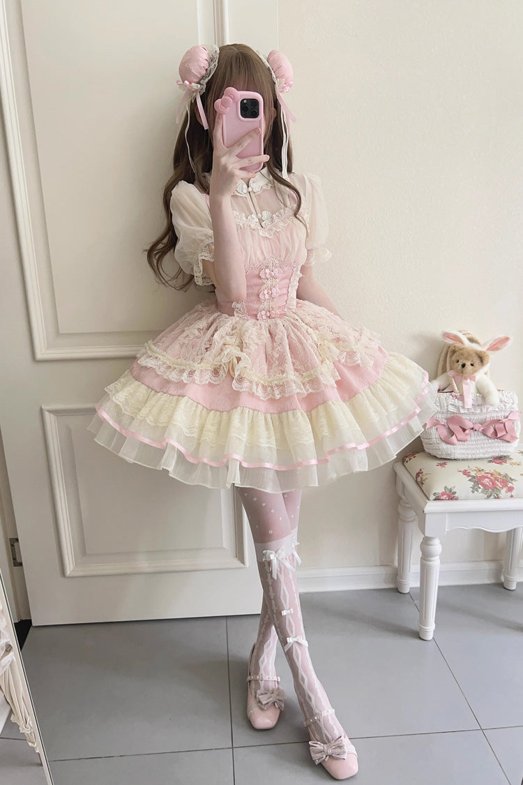 Flower Bud Halterneck Print Ruffle Lace Sweet Chinese Ballet Style Lolita Jsk Dress 3 Colors - Pink - 2