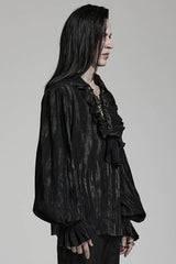 Men's Jacquard V Collar Lantern Sleeves Print Ruffle Gothic Blouse 2 Colors - Product - 2