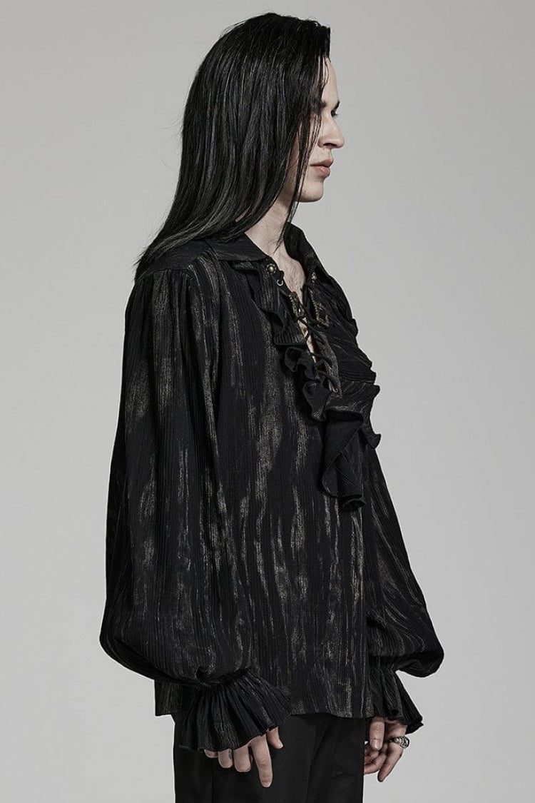 Men's Jacquard V Collar Lantern Sleeves Print Ruffle Gothic Blouse 2 Colors - Product - 2
