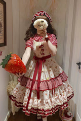 Red/Ivory [Little Flying Strawberry] Square Collar Sleeveless Multi-Layered Printed Ruffled Bow Sweet Lolita Jsk Dress - Product - 4