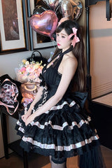 Black [Ballet Dream] Halterneck Triple-Layered Ruffle Bowknot Lace-Up Sweet Princess Lolita Dress - Product - 10