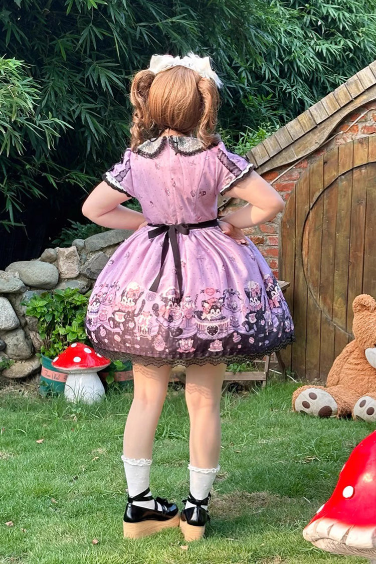 Purple [Devil Cat] Print Short Sleeves Ruffle Bowknot Lace Gothic Lolita OP Dress (Plus Size Support) - Product - 9