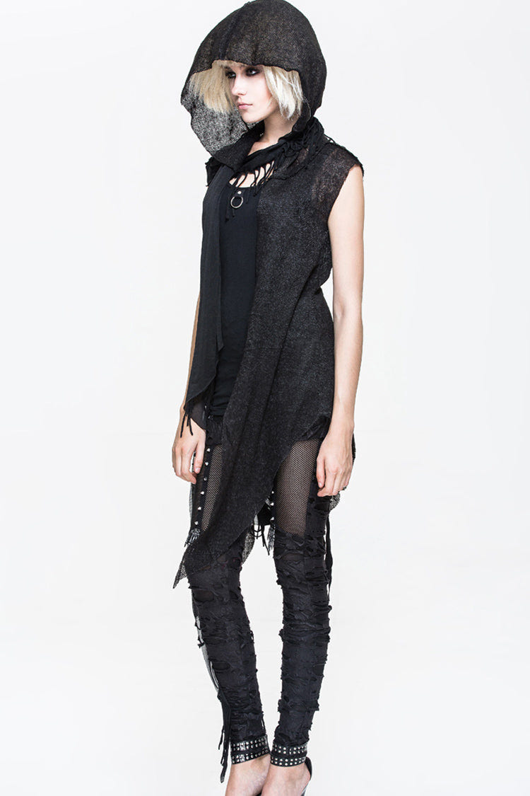 Black Asymmetrical Hole Wool Knit Women's Punk Hooded Shawl - Product - 2