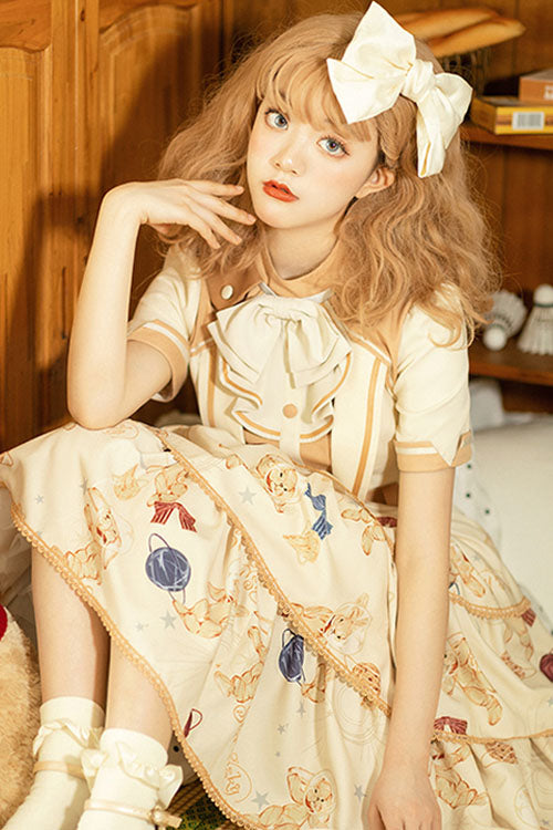 Multi-Color Bunny Astronaut Print Short Sleeves 3 layers Sweet Lolita OP Dress - Product - 3