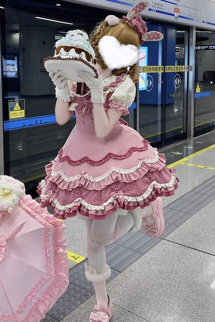 ピンク [Bunny Parfait] 半袖 ティアード フリル リボン スウィートロリータワンピース 商品画像