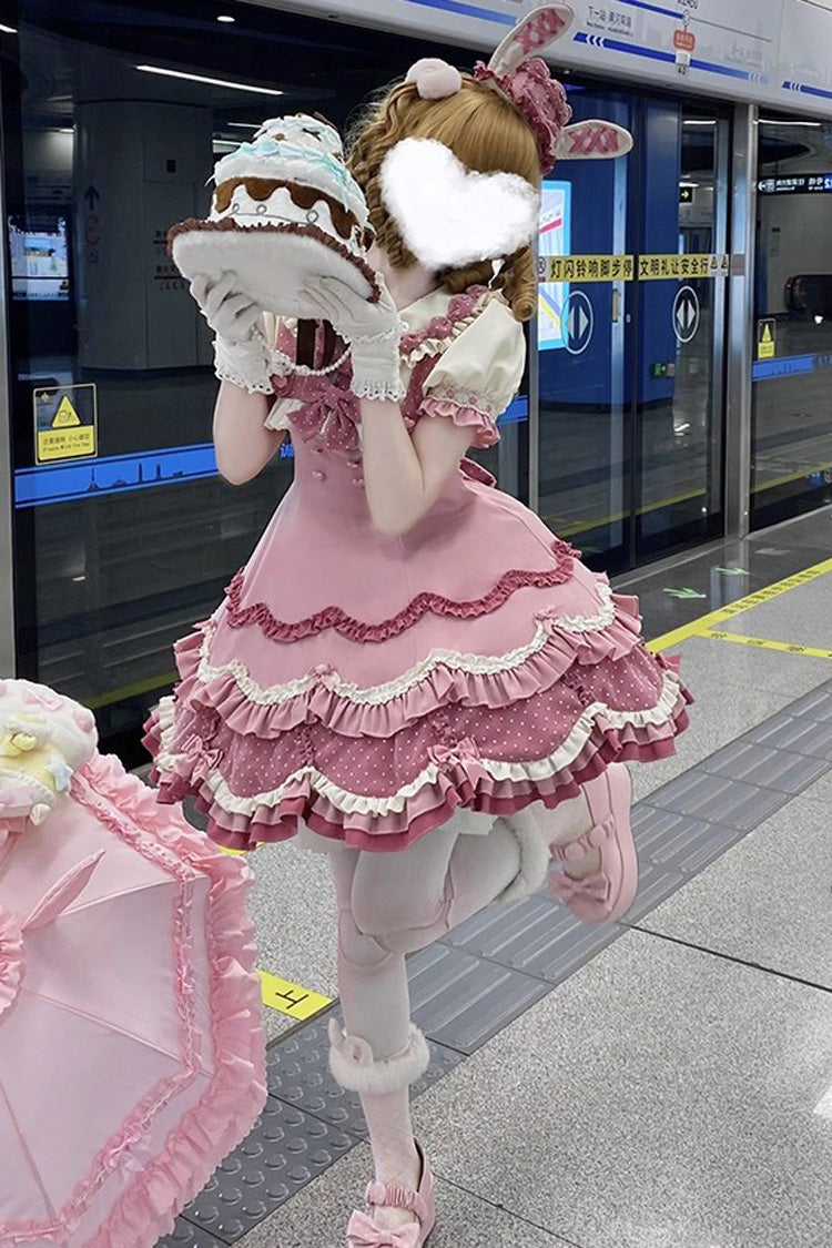Pink [Bunny Parfait] Short Sleeves Multi-Layered Ruffle Bowknot Sweet Lolita Dress - Product - 2