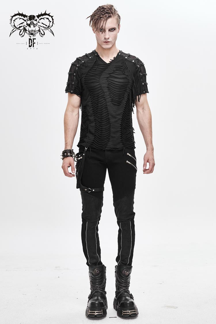 Black Tattered Striped Shoulder Splice Mesh Short Sleeve Men's Punk T-Shirt - Product - 4