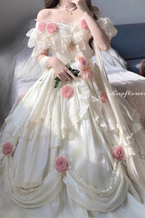 Ivory Tana Manor Rose Flower Long Sleeves Ruffle Bowknot Elegant Sweet Princess Lolita Strapless Dress - Ivory - 1