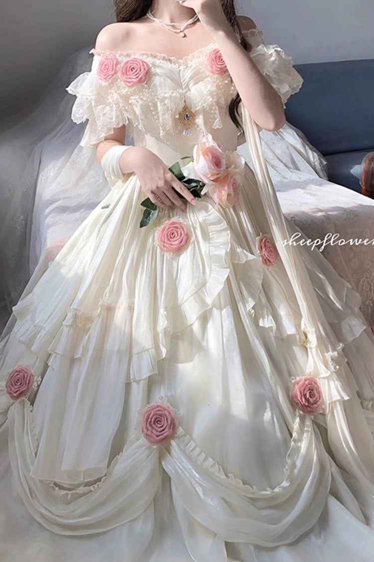 Ivory Tana Manor Rose Flower Long Sleeves Ruffle Bowknot Elegant Sweet Princess Lolita Strapless Dress - Ivory - 1