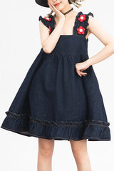Black Denim Ruffled Strap With Flower Accessories High Waisted Sweet Lolita Strap Dress - Black - 1