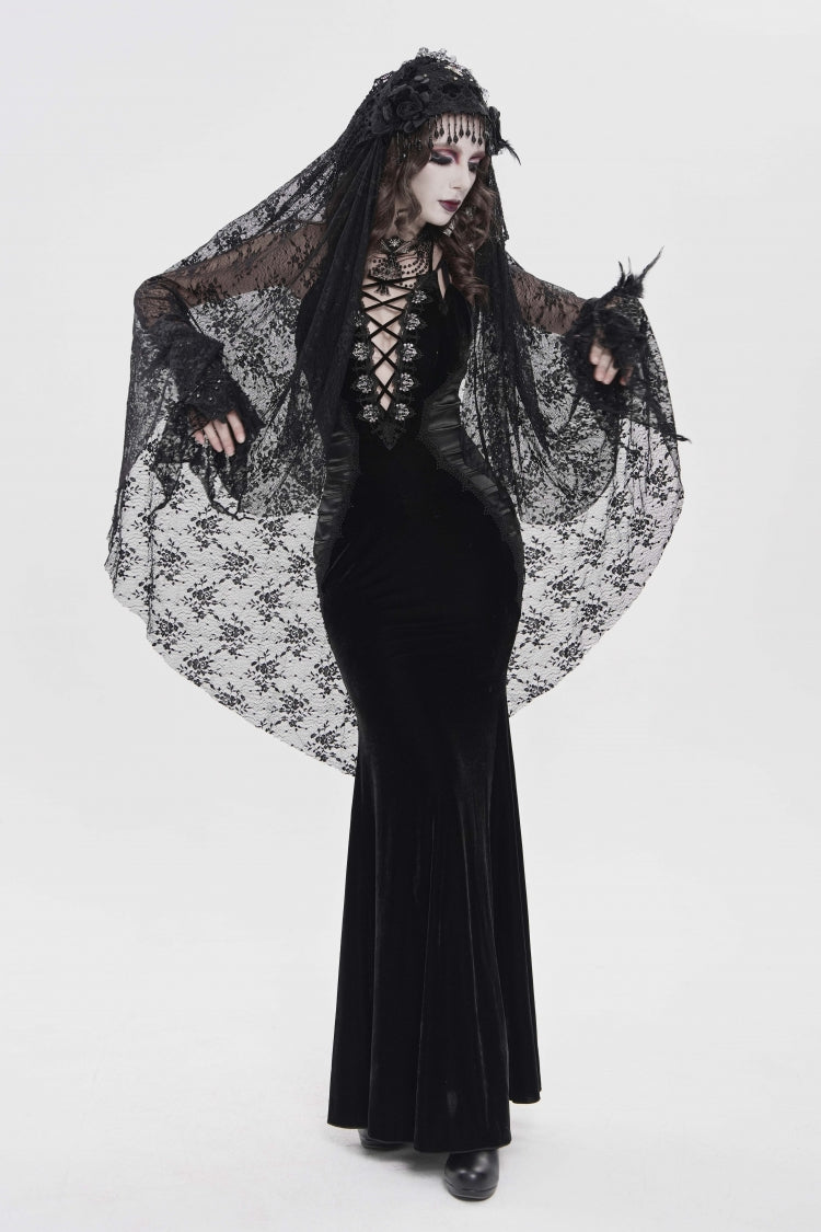 Black Off Shoulder Sleeveless Hanayome Spliced Lace-Up Slim Pleated Women's Gothic Jsk Dress - Product - 3
