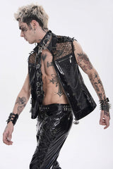 Black Spliced Mesh Studded Buckled Zippered Chain-Decorated Eyelet Men's Punk Cool Vest - Product - 4