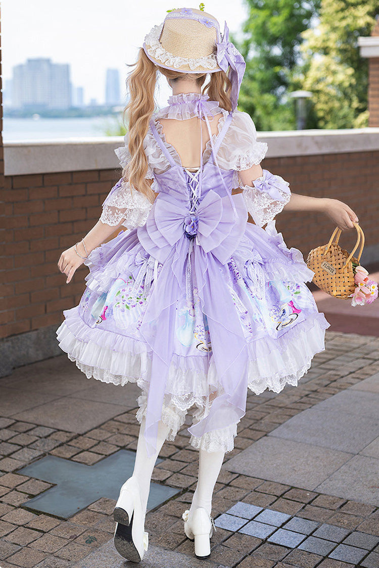 Purple [Wisteria Garden] Square Collar Triple-Layered Printed Ruffled Bow Lace Sweet Lolita Dress Set - Product - 8