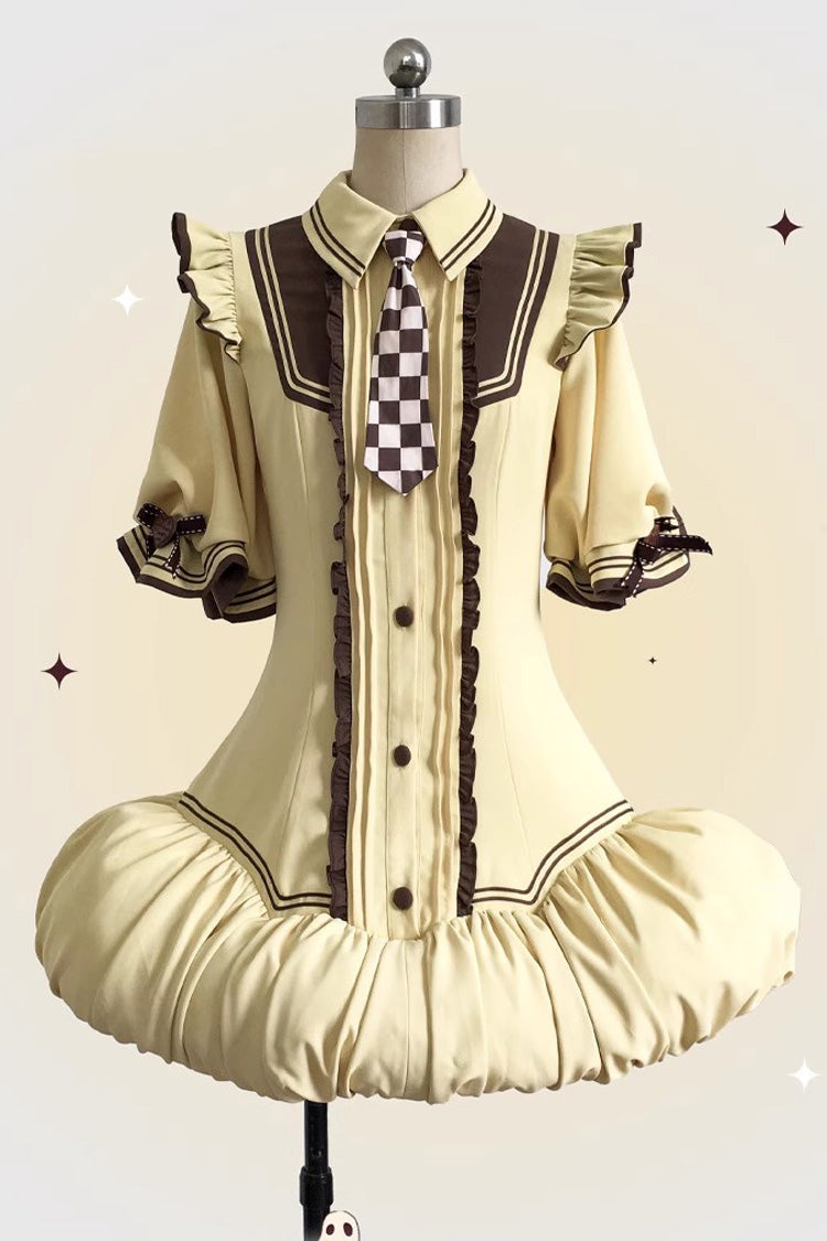 Brown/Yellow [Witch and Paradise] Short Sleeves Ruffle Bowknot Sweet Japanese Halloween Lolita Dress Vest Set - Product - 17