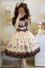 Chocolate Rosette Cat Print Bowknot Stitching Lace Sweet Lolita Jsk Dress 4 Colors - Yellow - 1