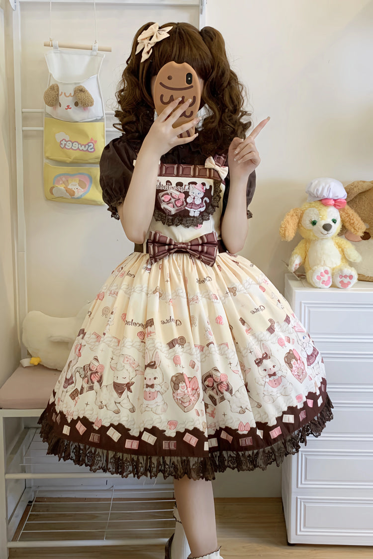 Chocolate Rosette Cat Print Bowknot Stitching Lace Sweet Lolita Jsk Dress 4 Colors - Yellow - 1