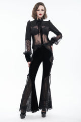 Black High Collar Translucent Lace Patchwork Bow Decoration Long Sleeve Women's Gothic Shirt - Product - 5