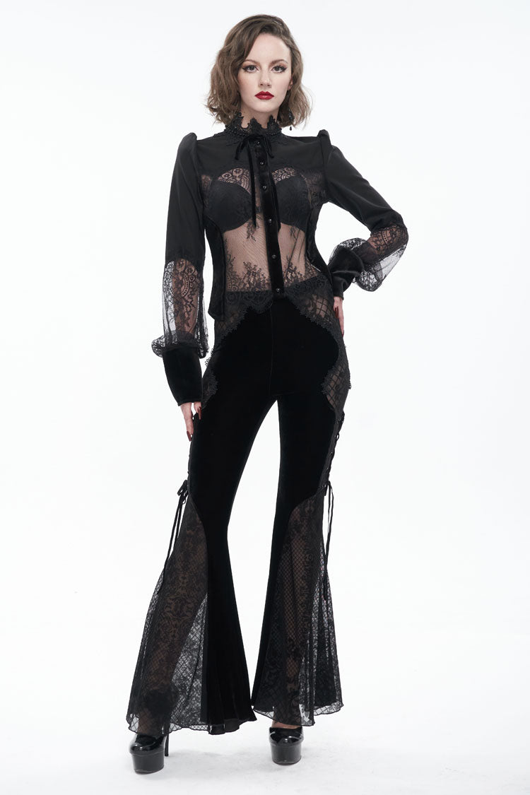 Black High Collar Translucent Lace Patchwork Bow Decoration Long Sleeve Women's Gothic Shirt - Product - 5