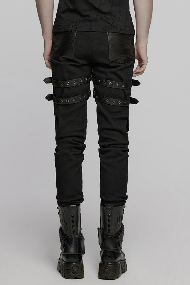 Black Stitching Mesh Buckle Straps Studded Men's Punk Pants - Product - 3