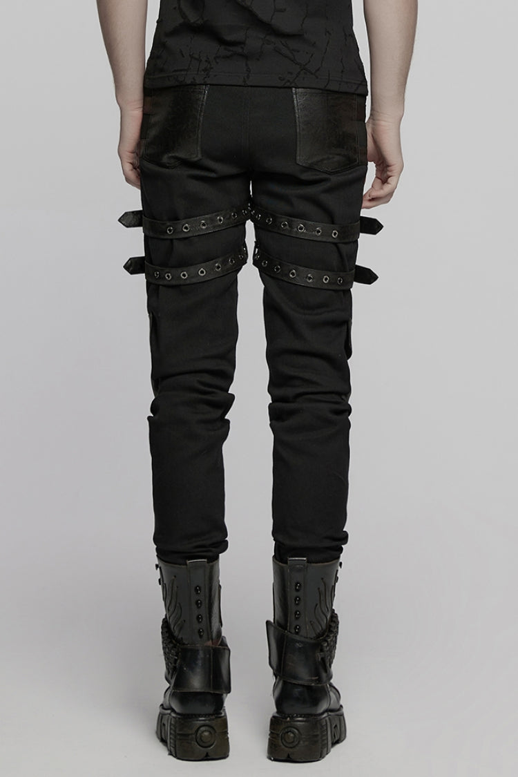 Black Stitching Mesh Buckle Straps Studded Men's Punk Pants - Product - 3