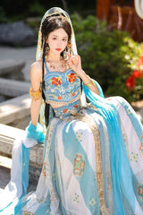 Blue Elegant Print Embroidery High Waisted Sleeveless Hanfu Dress Full Set - Product - 6