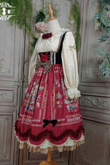 Wine Red [Ode to Plenty] Berries and Birds Print Ruffle Bowknot Velvet Classic Lolita Breast Support Jsk Dress - Product - 4