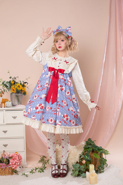 Round Collar High Waist Strawberry Milk Jar Printed Sweet Lolita OP Dress - Product - 2