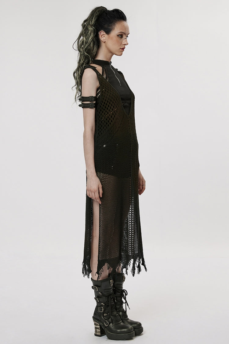 Black V Collar Knitted Hollow Mesh Women's Gothic Dress - Product - 2