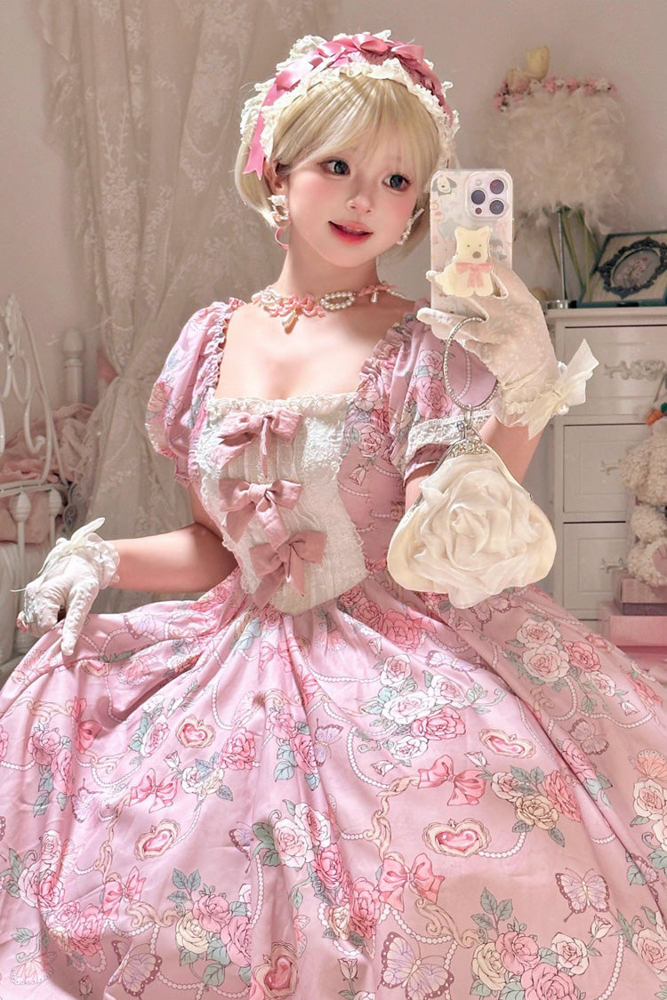 Pink Gem Rose Print Short Puff Sleeves Ruffle Bowknot Sweet Plus Size Lolita Dress - Product - 3