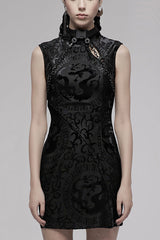 Black Chinese Style Stretch Velvet Burning Flower Dragon Totem Pattern Decoration Small Slit Hem Sleeveless Women's Gothic Dress - Black - 1