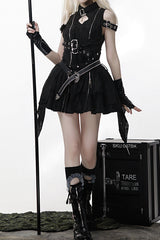 Black [Hunter] Stand Collar Off Shoulder Ruffle Embroidery Zipper Gothic Lolita Dress - Product - 12