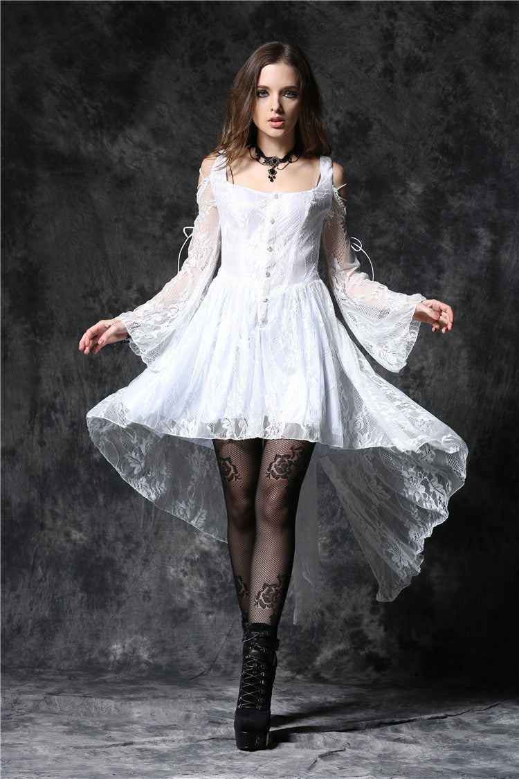 White Square Collar Sleeveless Overlay Embroidered Lace Women's Gothic Dress - White - 1