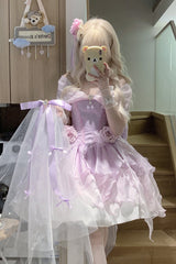 [Heartbeat] Off Shoulder Multi-Layered Ruffle Bowknot Lace Princess Gorgeous Dream Sweet Lolita Dress 2 Colors - Purple - 2