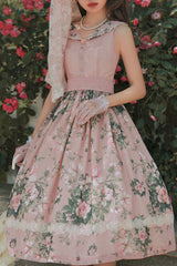 Pink Elegant Vintage French Rose Floral Print V Collar Sleeveless Ruffled Classic Lolita JSK Dress - Pink - 1