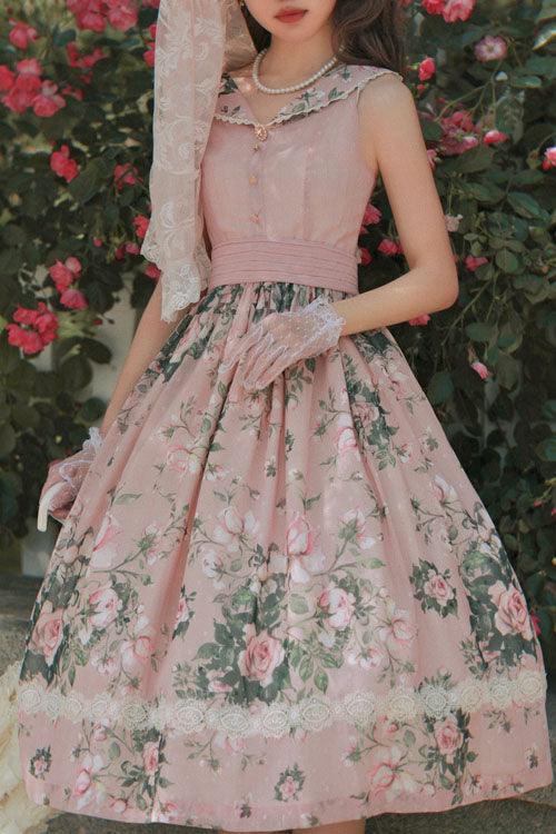 Pink Elegant Vintage French Rose Floral Print V Collar Sleeveless Ruffled Classic Lolita JSK Dress - Pink - 1