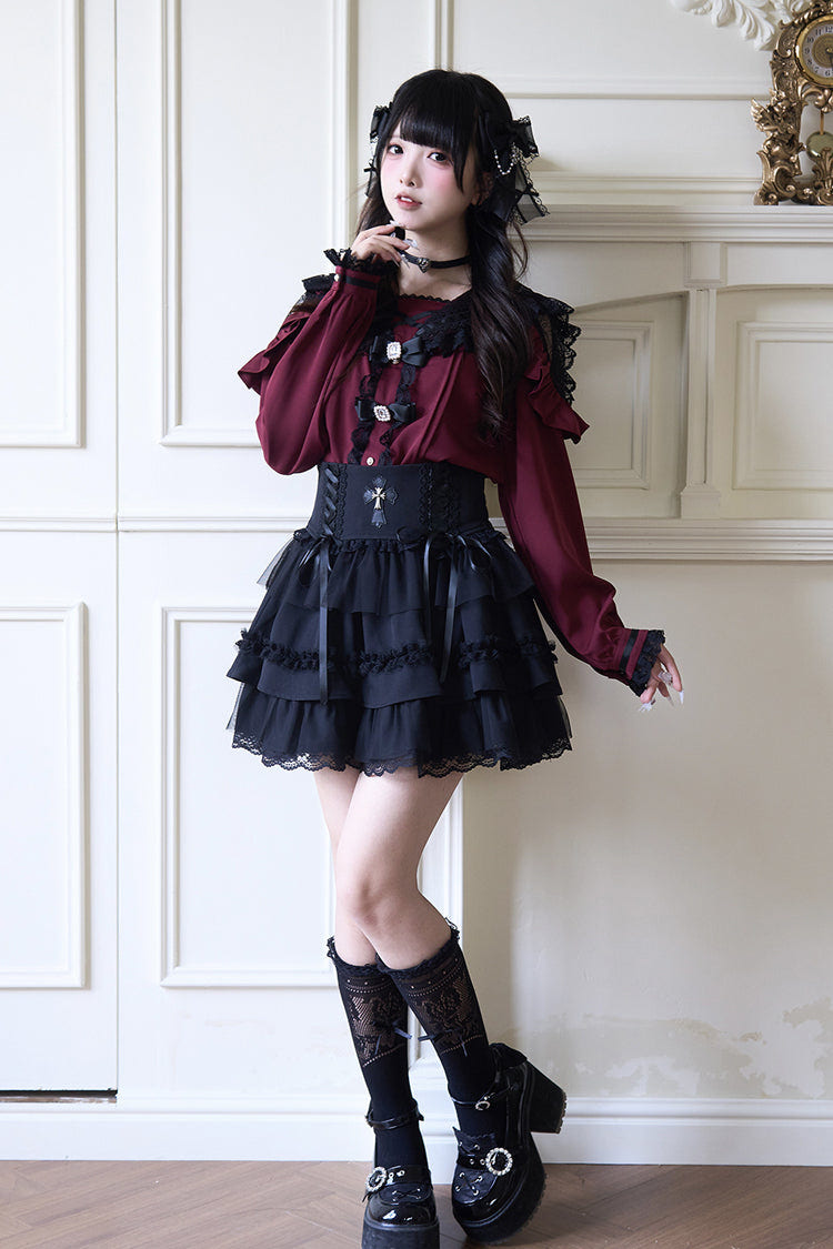 Jirai Kei Navy Collar Long Sleeves Bowknot Lace Sweet Japanese Blouse 3 Colors - Product - 8