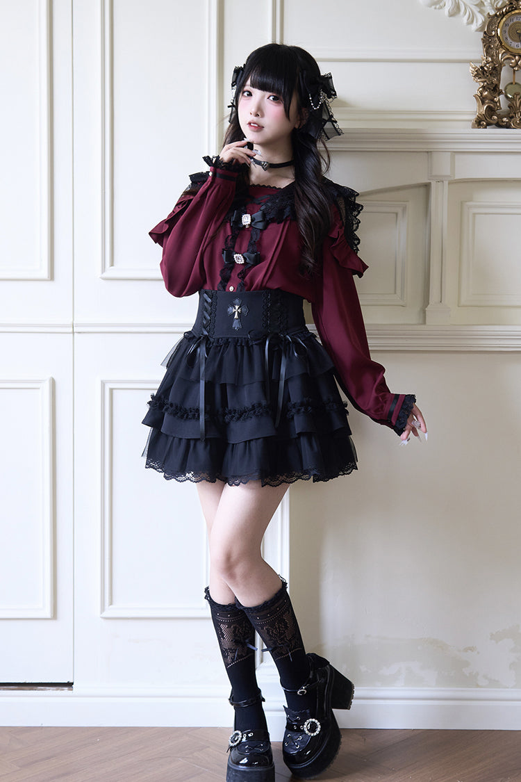 Jirai Kei Navy Collar Long Sleeves Bowknot Lace Sweet Japanese Blouse 3 Colors - Product - 8